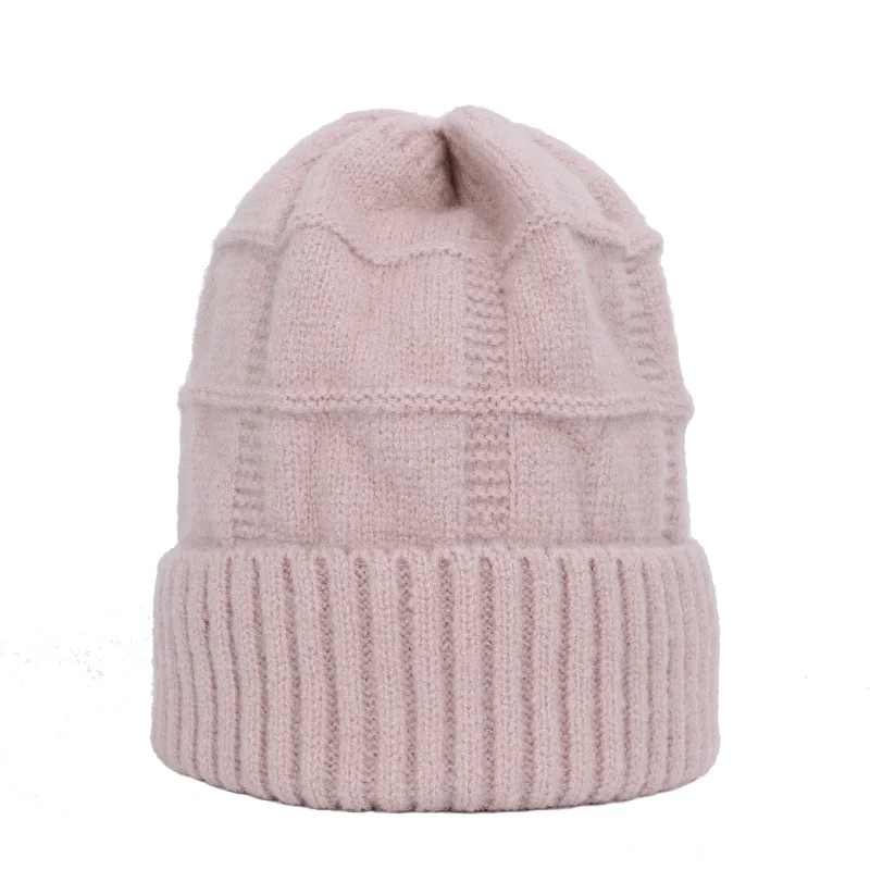 Pink Женские шапки бини женские карамельных цветов Женская зимняя шапка модная шерстяная вязаная меховая шапка для девочек Двойная Толстая шляпа - Цвет: Pink