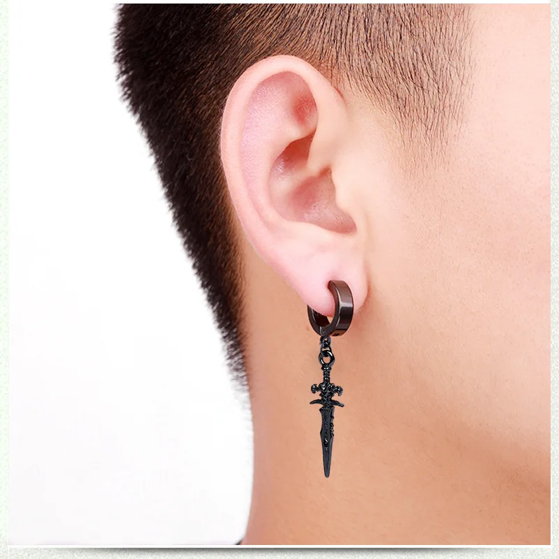

New Arrival Korean Boy Black Stainless Steel Earring Sword Cross Pendant Without Pierced Ear Clip Cool Girl Men's Party Gifts