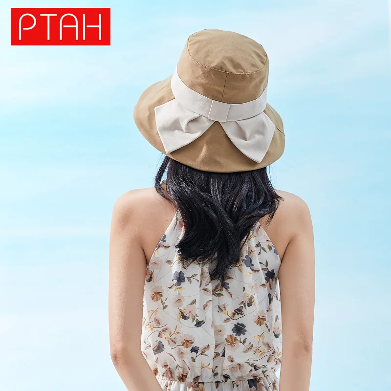 

[PTAH] Summer New Women's Cloth Hat Anti-UV Breathable Comfortable Hat Foldable Casual Wide Brim Big Bow Cap Female Higt Guality