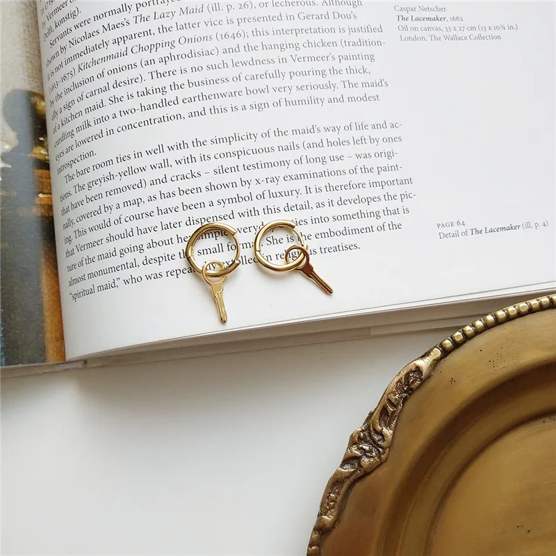 

POFUNUO Korean Students Jewelry 925 Sterling Silver Key Charm Design Ear Studs Girls Stylish Chic Earrings Fine Gifts Earrings