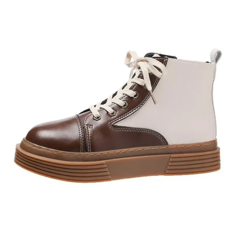 

Leather Chunky Boots for Women's Winter Jacket Mixed Color Platform Shoes Women Fashion 2022 Ankle Boots Females Zipper Lace Up