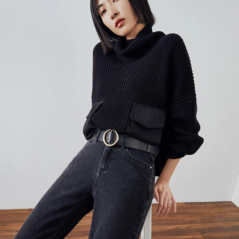 

HWLZLTZHT Warm Turtleneck Sweaters Knit Sweater Women Winter Clothes Double pocket Pullover Soft Long Sleeve Women's Sweaters
