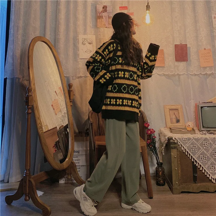 

Retro Striped Women Sweater Pullover Tops Autumn Winter Thick Loose Long-Sleeved Round Neck Harajuku Street Style Sweater Women