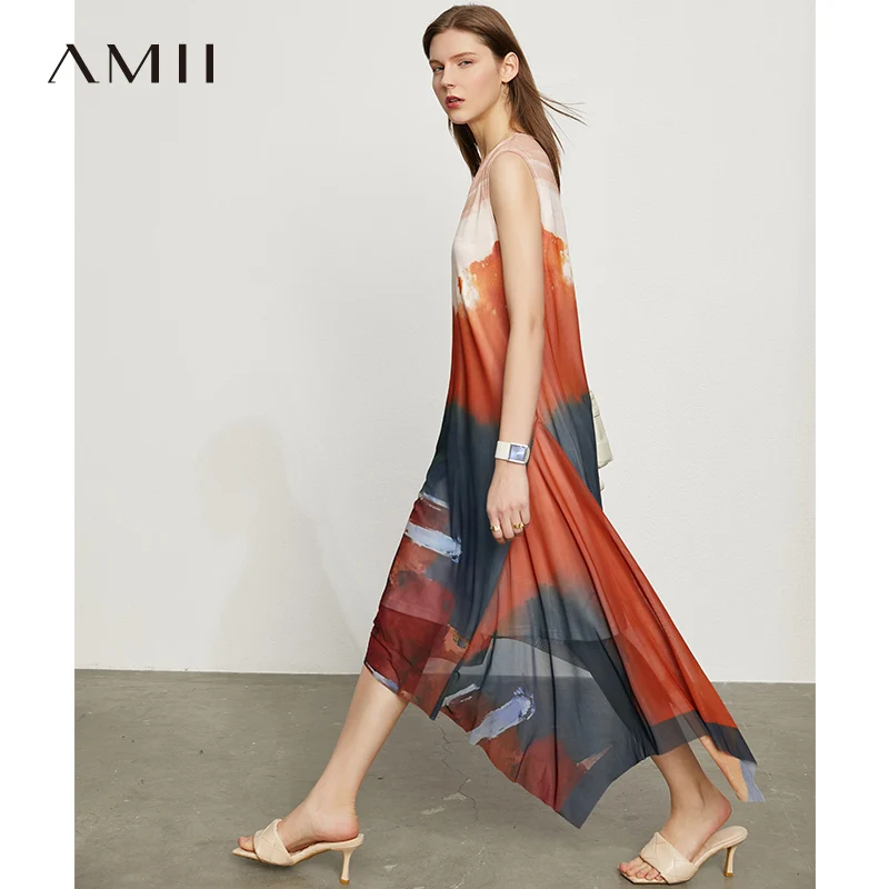 

AMII Minimalism Summer Women's Dresses Fashion V Neck Contrast Printed Dress Elegant Sleeveless Irregular Maxi Dress 12170145