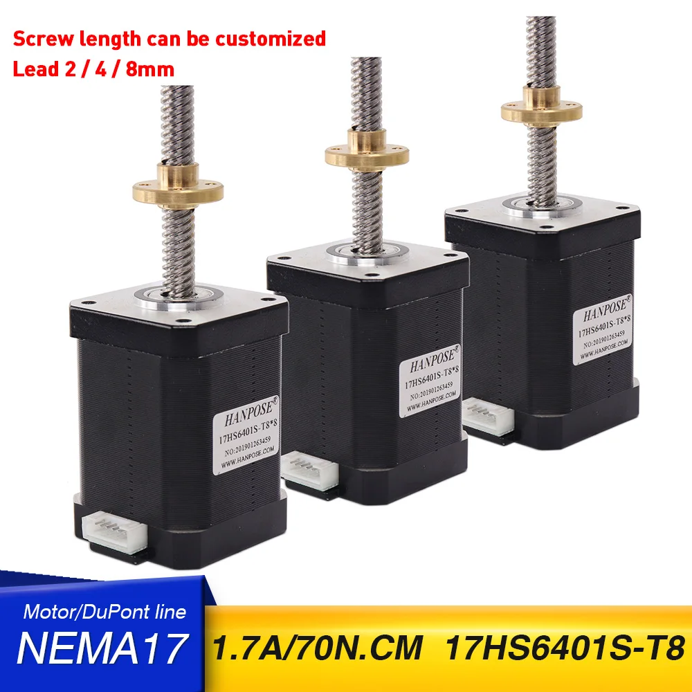 

Шаговый двигатель nema17 17HS6401S-T8, 3 шт., с винтовым выводом T8, 2/4/8 мм, 310 мм, 42 двигателя, 1.7A, 70N.cm, 4-проводной для 3D-принтера