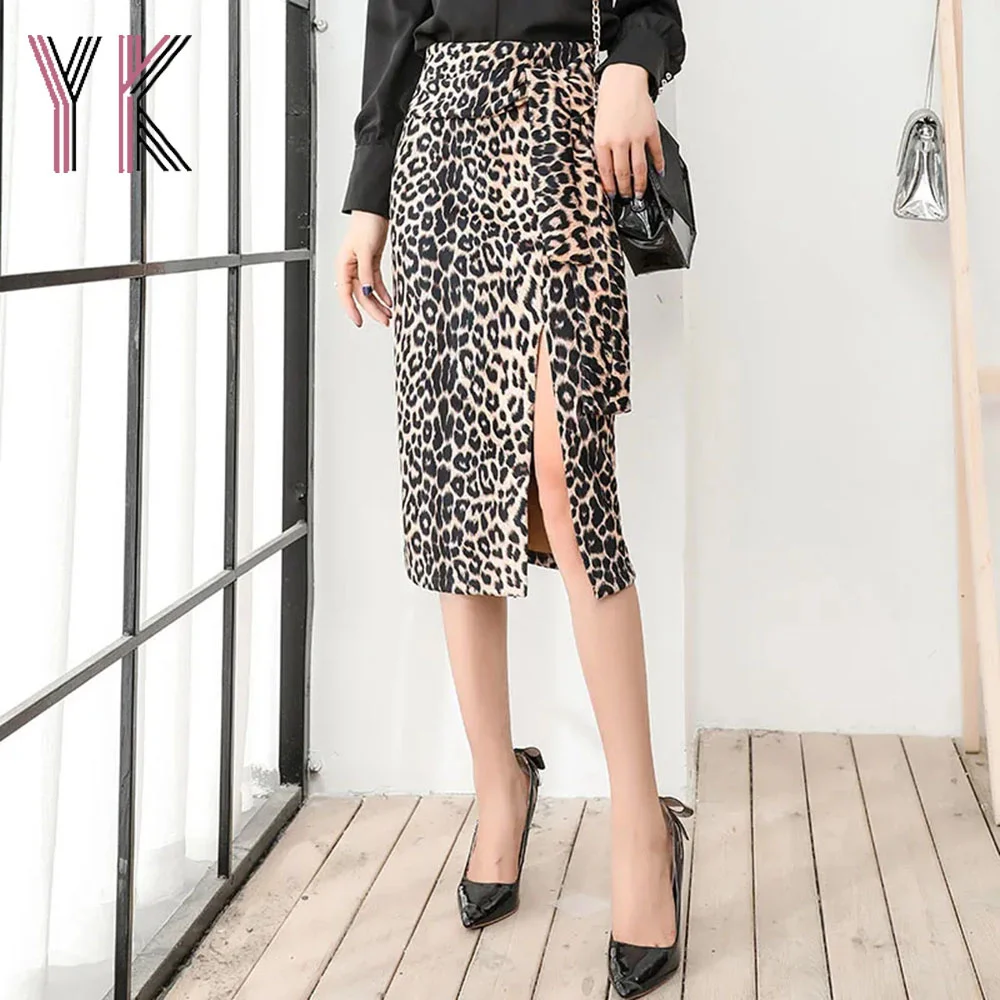 

Bowknot Lace Up High Waist Leopard Side Slit Midi Skirts Sexy Slimming Office Lady Skirt Elegant Vintage Aesthetic Straight Saia