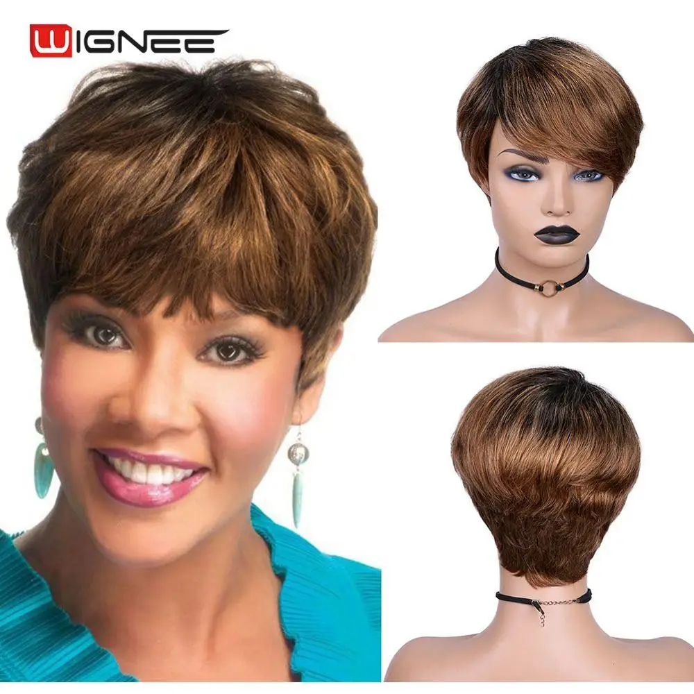 

Wignee Short Straight Hair Human Wig With Free Bangs for Black Women 150% Density Ombre Brown Machine Natural Soft Hair Full Wig