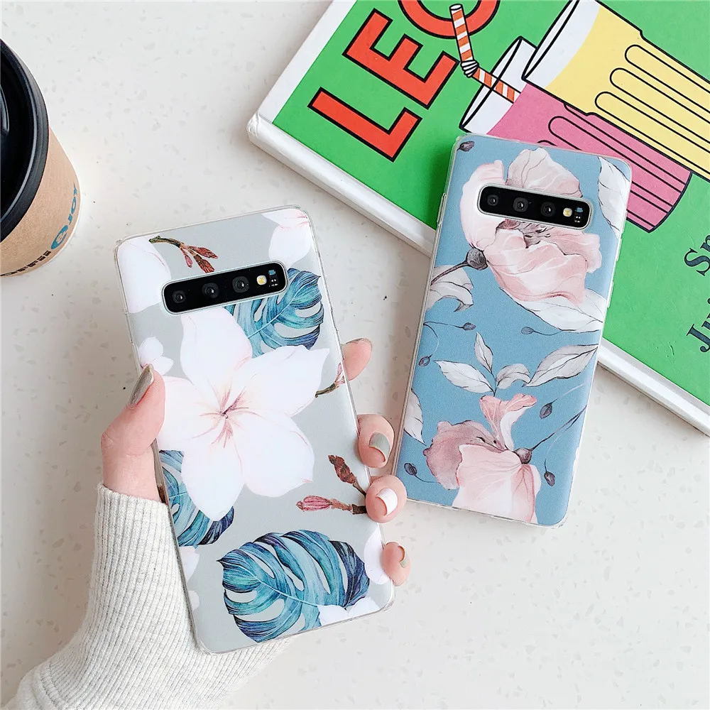 Retro Banana Leaf &amp Flower Phone Case For Samsung Galaxy S20 A50 A51 S10 cartoon silicone Soft green leaves Back Cover | Мобильные