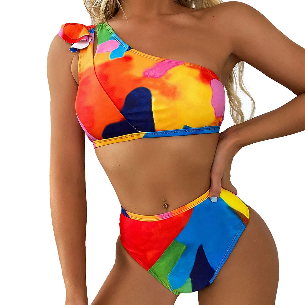 Women's Color Block Asymmetrical One Shoulder Bikini Set Swimsuit Crop Top High Cut Bandeau Two Pieces Swimwear Bathing Suit