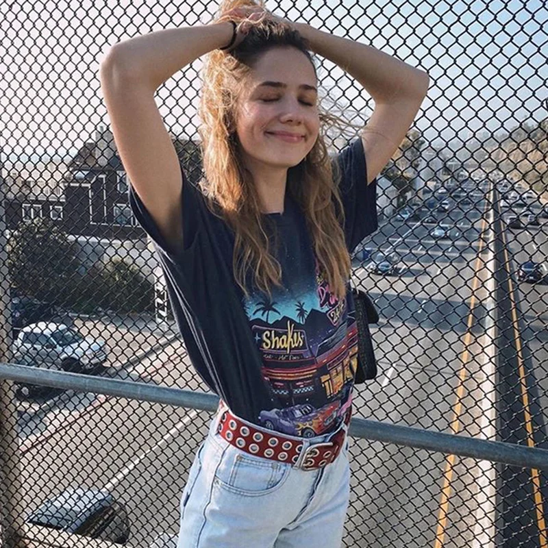 

Vintage Black Letter Car Print Graphic Tee Women Harajuku Short Sleeve T Shirts 2021 Summer Plus Size Japanese Fashion Y2k Top