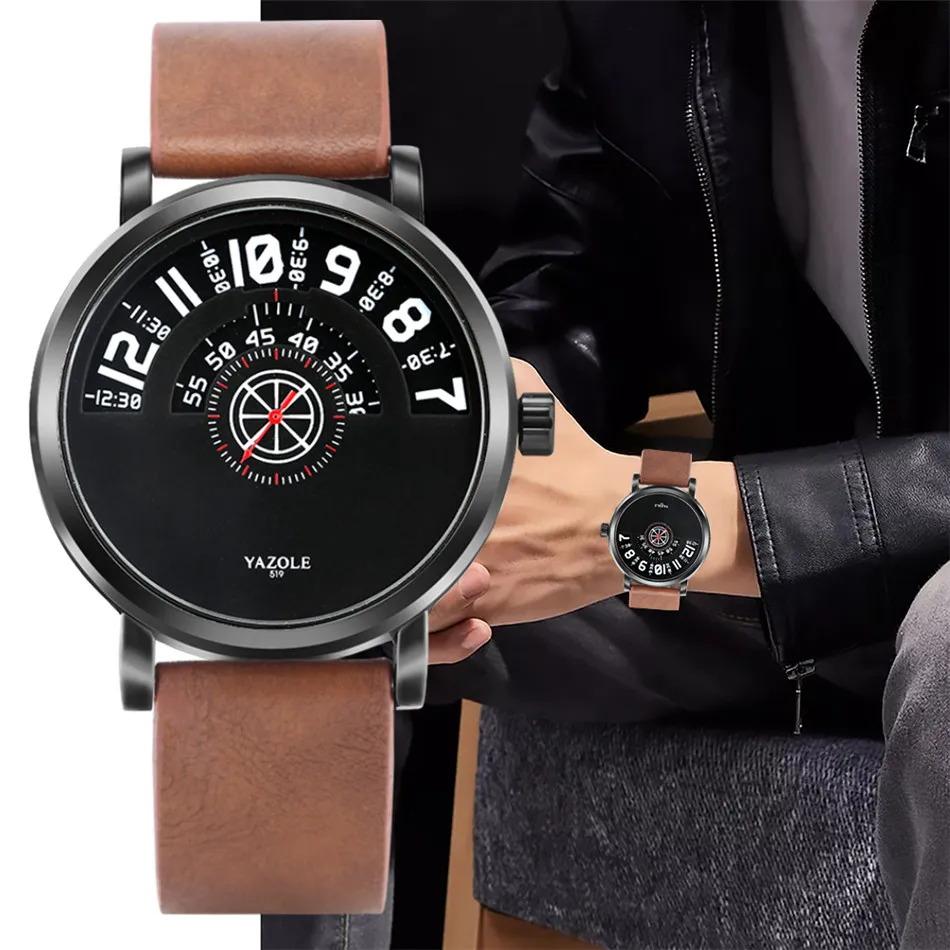 

Chic Turntable Display Round Dial Men's Business Creative Leather Wristwatch Mens Casual Fashion Quartz Watches