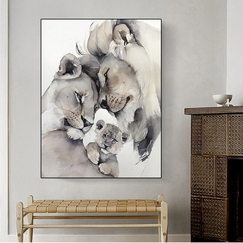 Картина Счастливая семья львов Постер и принты с животными в скандинавском стиле