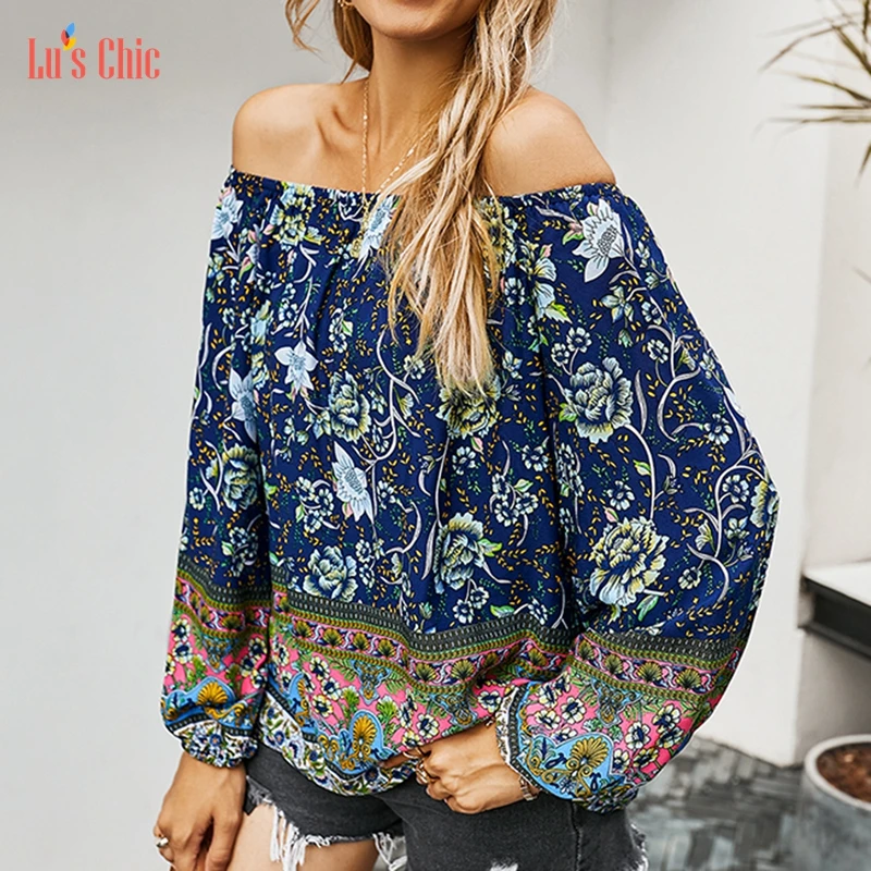 

Lu's Chic Women's Tops Long Sleeve Shirt Ladies Chiffon Tunic Off Shoulder Casual Bohomian Fitted Boho Print Fall Spring