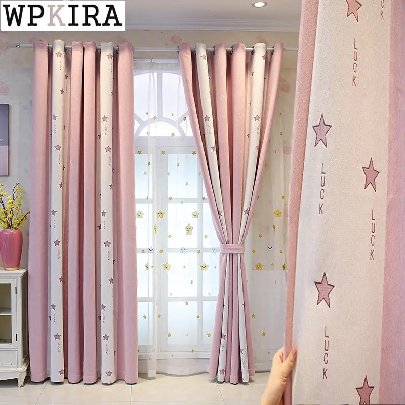

Cartoon Jacquard Stitching Stars Curtain for Kids Baby Pink Thick Drape Blackout Bedroom Cashmere Window Blinds Shade S665#E