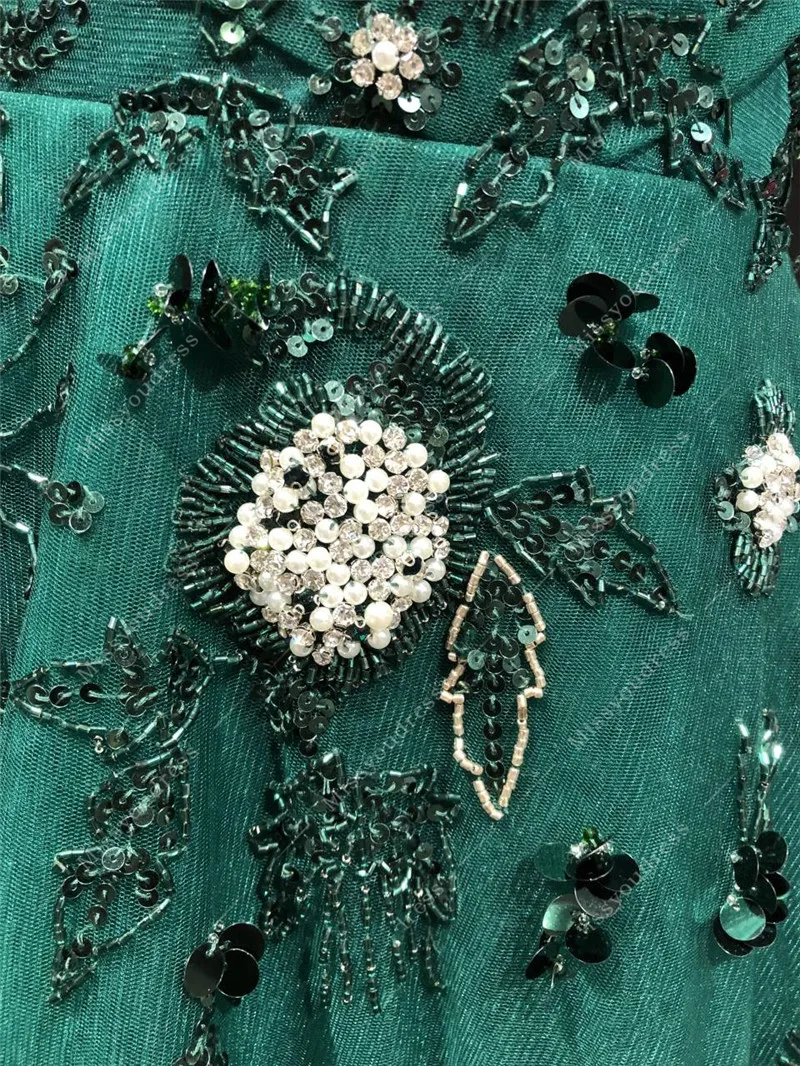 Dark Green CustomMade Real Photos Heavy Beads Boat Neck A-line Floor Length Sweep Train Party Prom Dance Women Evening Dresses