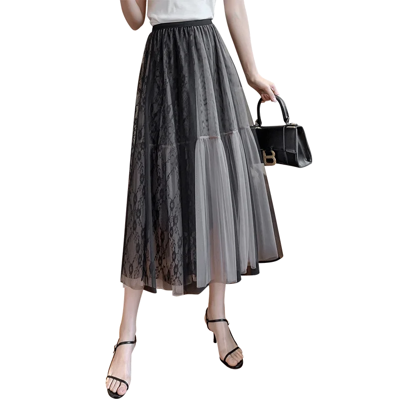

Mesh Skirt Pleated Skirt Women's Immortal Mid-Length High Waist A- Type Non-Mainstream Lace Stitching Slimming Draping Effect