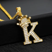zircon crown letter pendant necklace for women men initial letter necklaces hip hop chain jewelry collier bijoux dropshipping