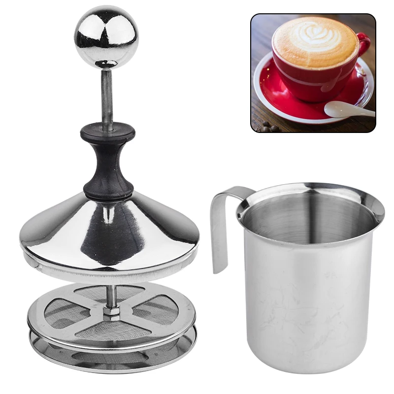 

400ml Stainless Steel Milk Frother Double Mesh Milk Frothers Mugs Cappuccino Creamer Foam Coffee Pull Flower Cup Silver
