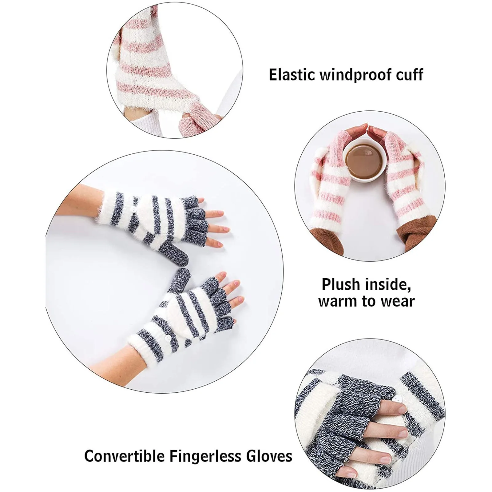 

Sagace Fashion Woman Stripe Gloves Thick Fluff Warm Gloves Half-finger Flip Knitted Plush Winter Mittens