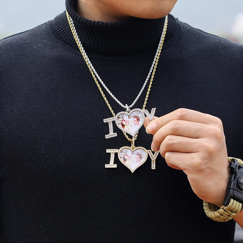 

Custom Hip Hop Heart-Shaped 2 Photo Necklace Memory Iced Bling Cubic Zirconia Personalized Medallions Pendant Men Gift Jewelry