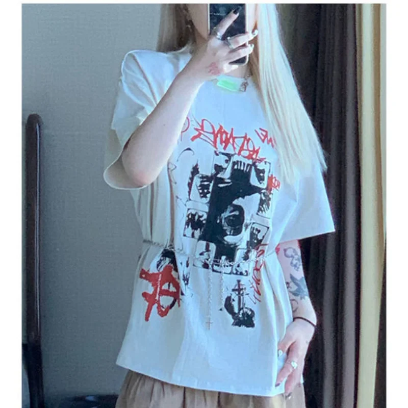 

High Street T-Shirt Women Letter Pattern Casual Soft Light Khaki Tees Tops Summer 2021 Vintage T-Shirts Femme