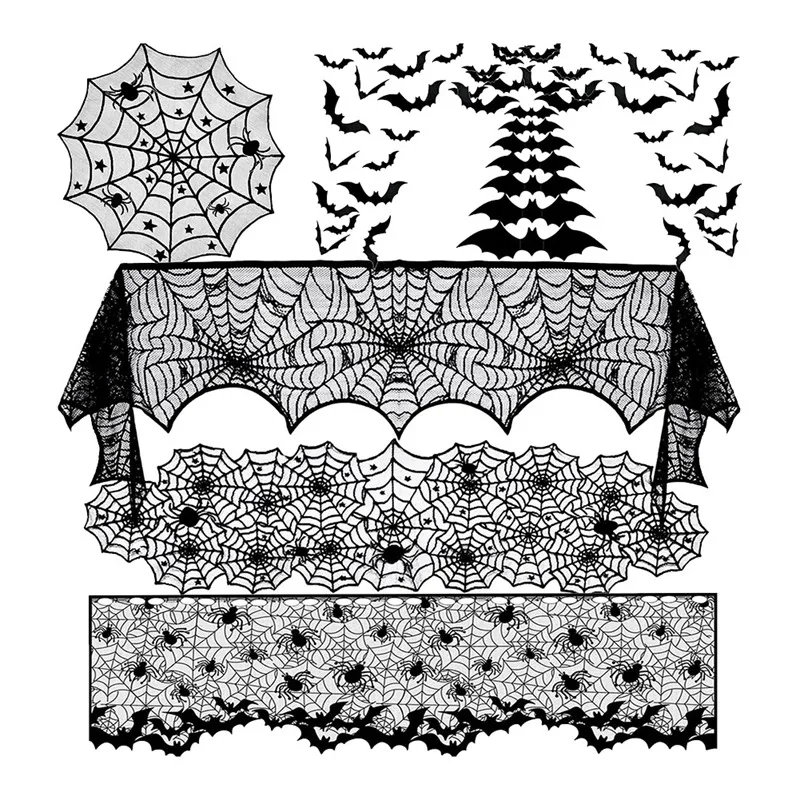 

Украшения на Хэллоуин, черная скатерть в виде паутины, камин, шарф, абажур и 3D наклейки на стену «летучая мышь» для украшения на Хэллоуин