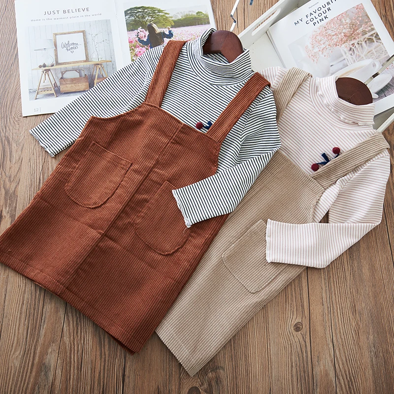 Baby Girl Dress solid Fashion Kids Spiring Autumn Clothes Princess Girls strap Dresses brown khaqi | Детская одежда и обувь