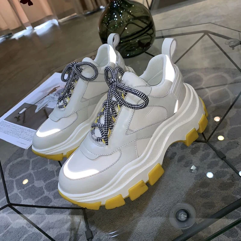 Кроссовки женские из натуральной кожи повседневная обувь на платформе блестящие