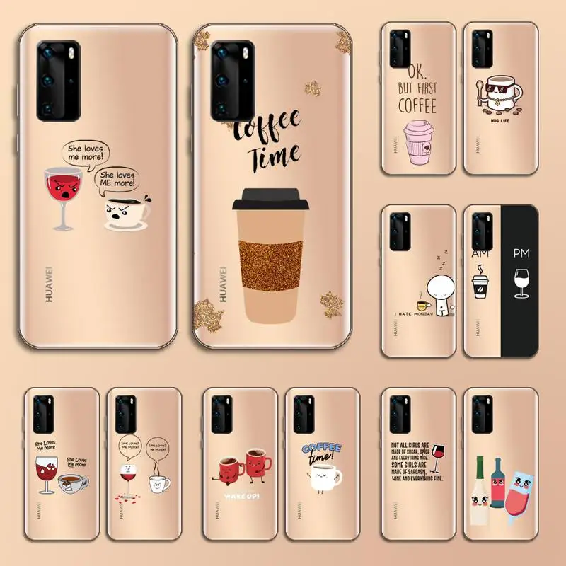 

Coffee Wine Cup Phone Case Transparent for Huawei P20 P30 P40 lite pro P smart 2019 honor 8x 10i