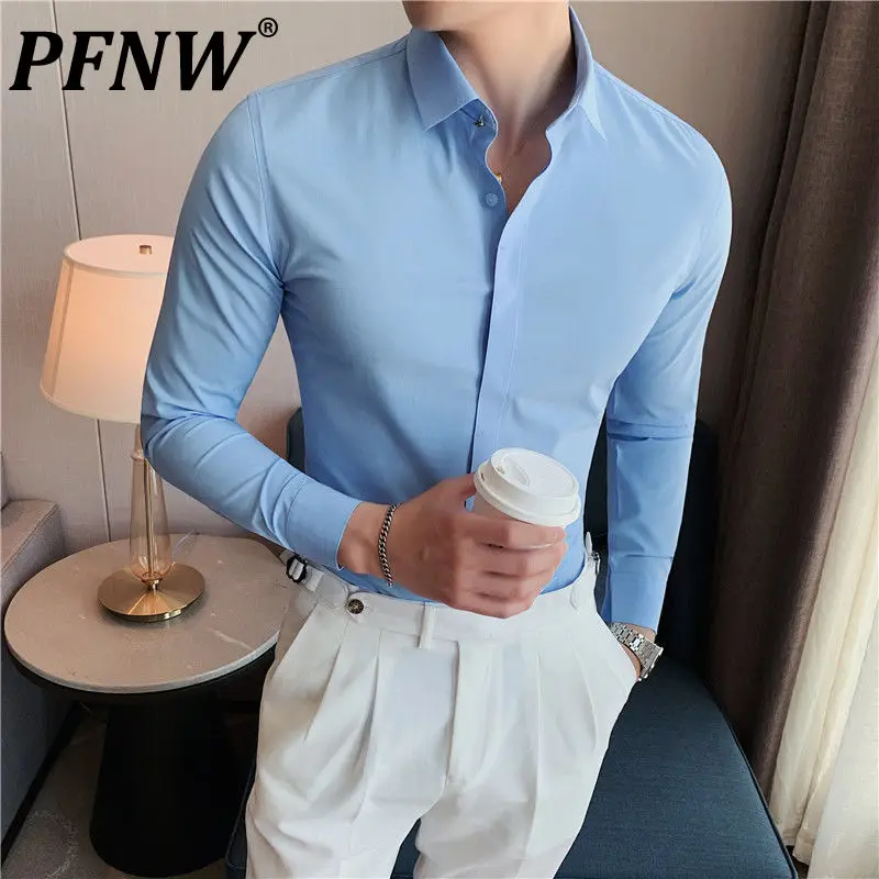 

Мужская деловая рубашка PFNW, черная или синяя рубашка с длинным рукавом, без следов, приталенного силуэта, в стиле смарт-кэжуал, 2X0091