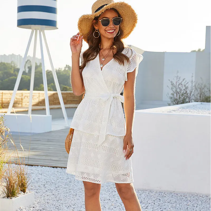 Женское платье с коротким рукавом белое Повседневное v-образным вырезом лето 2020 |