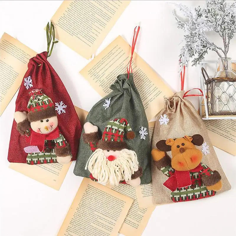 Navidad Christmas Burlap Gift Bag Cute Elk Snowman Santa Candy Drawstring Treat Cookie New Year Natal Home Decor | Дом и сад