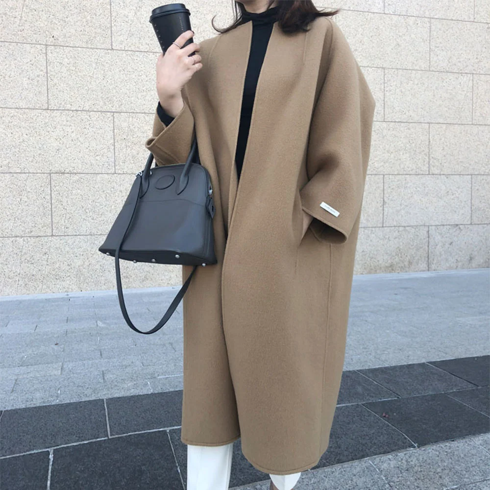 

Korean Fashion Overcoat Streetwear Thin Khaki Round Neck Wool Blend Women's Long Trench Coats Autumn Office Ladies Casual Jacket