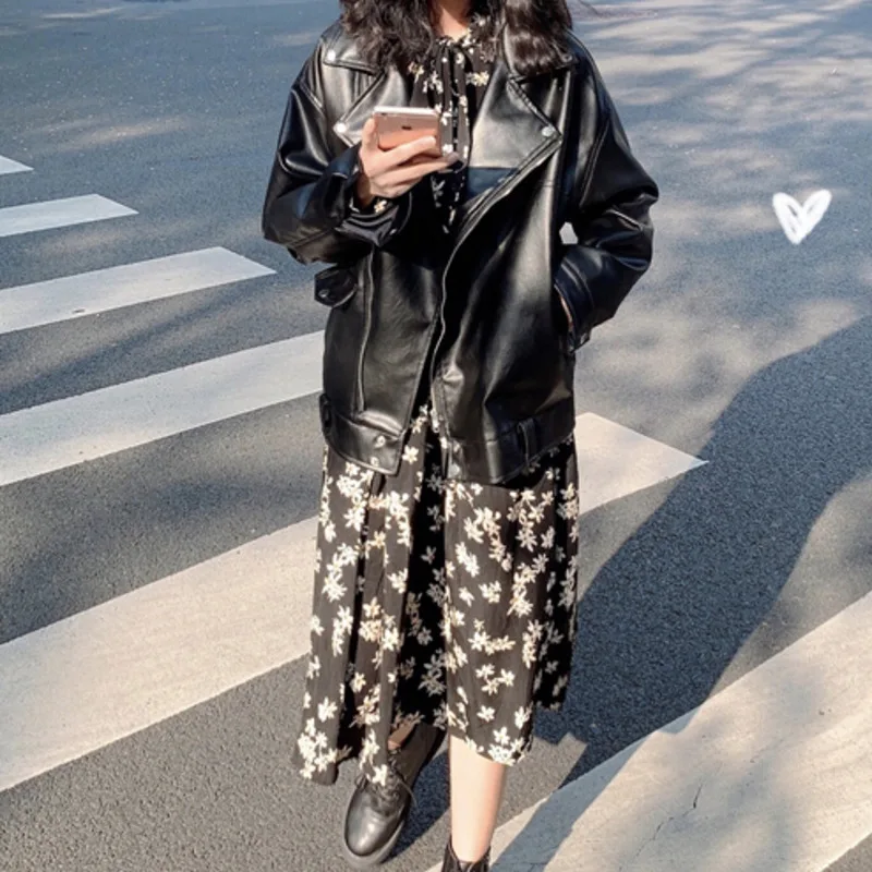 Women Loose Pu Leather Jacket Black Soft Faux Leather Street Coat Casual Outerwear Veste Femme Casaco Feminino Jaqueta Chaquetas