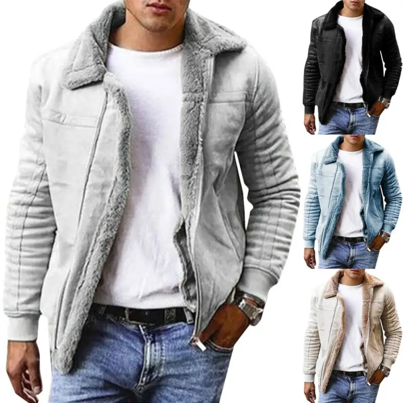 

Mens Fur Lined Bomber Jackets Long Sleeves Zipper Outwear Winter Warm Coats Tops