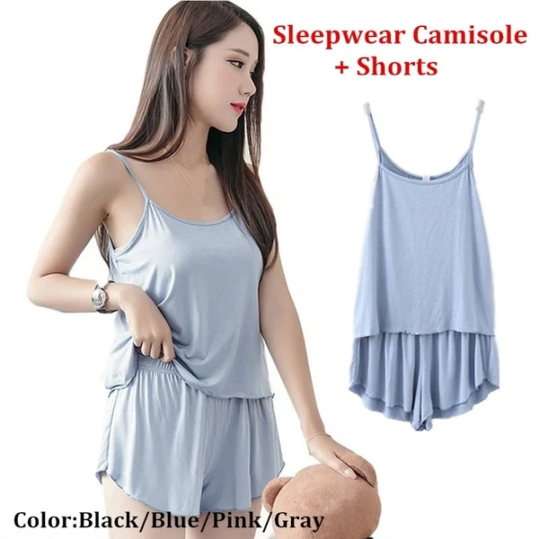

2pcs Set Women Pajama Solid Cotton Sleepwear Camisole + Shorts Nightwear Set