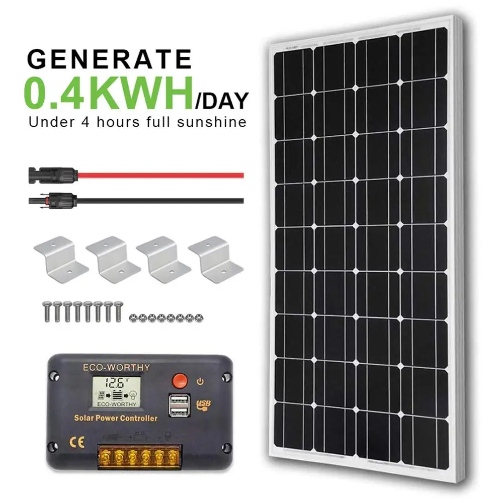ECO WORTHY 12V 100W Monocrystalline Solar Panel + 20A LCD Charge Controller a Pair of 16ft Cables Z Bracket for RV|polycrystalline solar