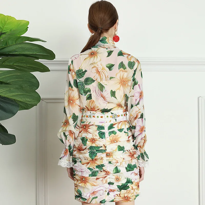 

New Ruffled Long Sleeve Lace-up Floral Print Top Slim A- line Pleated Skirt Women