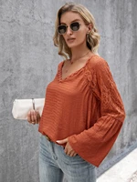 womens v neck long puff sleeve lace pure color chiffon casual loose comfortable fashion top