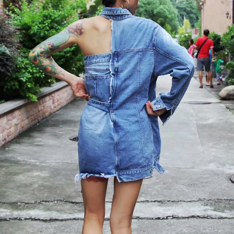 

Sexy Dress 2021 Autumn New European and American Cool Asymmetric Off-Shoulder Strap Long-Sleeved Denim Dress Female Fashion