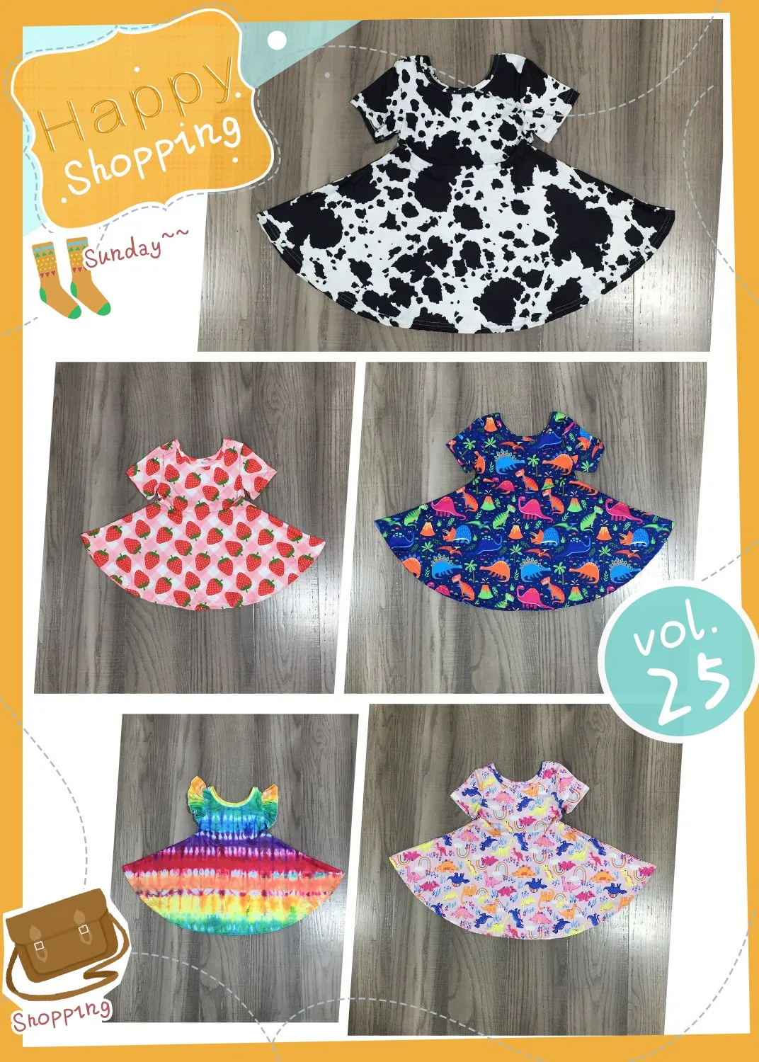 

Spring Summer Baby Girls Rainbow Dinosaur Strawberry Cow Print Milk Silk Twirl Dress