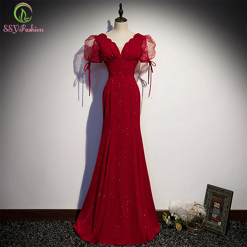 

SSYFashion New Red Mermaid Eveing Dress Simple Sexy V-neck Puff Sleeve Floor-length Fishtail Prom Formal Party Gowns for Women