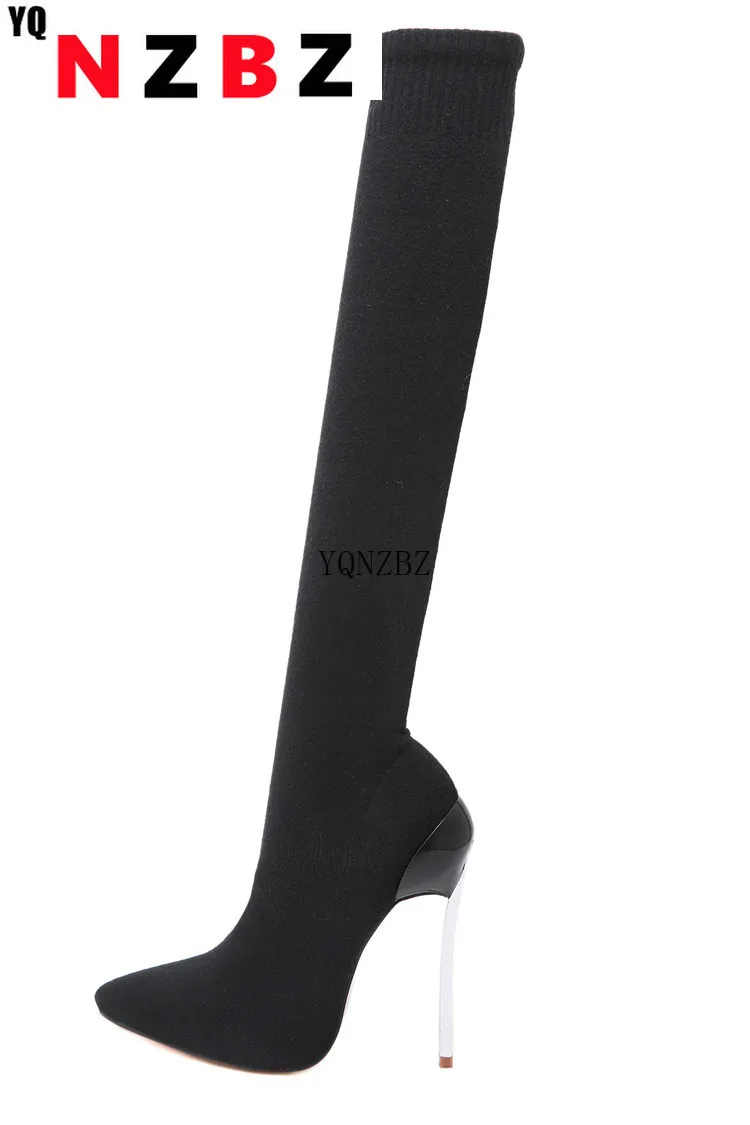 

YQNZBZ Fashion Knitting Stretch Fabric Sock Boots Pointy Toe Over-the-Knee Heel Thigh High Pointed Toe Woman Boot size 35-42