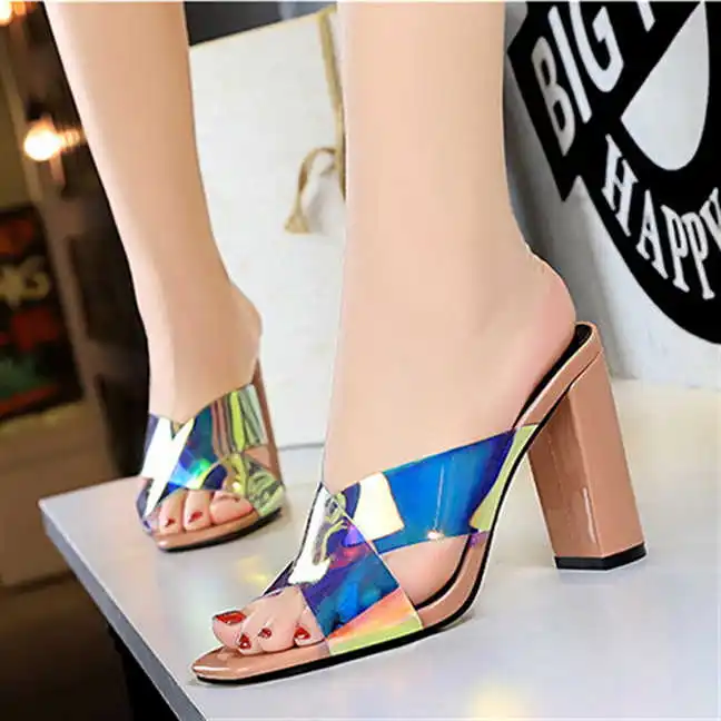 

style high heeled women's sandals patent leather thick heeled high heeled square cut out reflective cross strap slippers