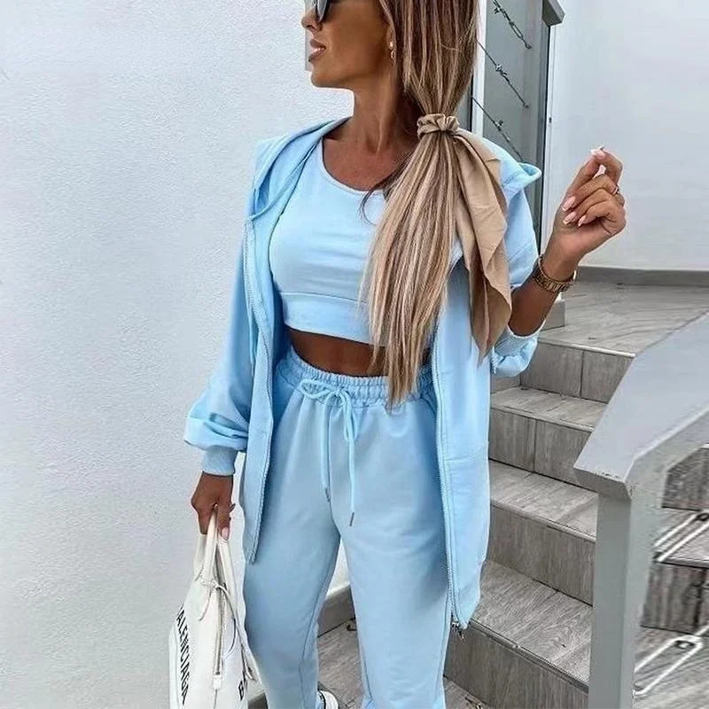 

Autumn Women Casual 3 Piece Sets Fashion Slim Vest Top+Long Lace-Up Pants+Short Hooded Jacket Suits Tracksuits New Solid Outfits