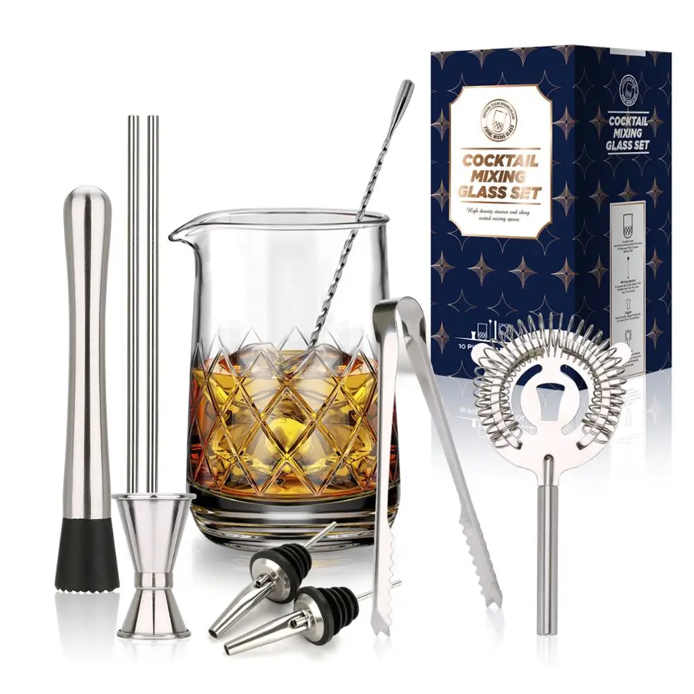 

10Pcs Crystal Cocktail Mixing Glass Set 750ml Cocktail Glass Shaker with Cocktail Pestle Gift Set Bartender Kit for Home Party
