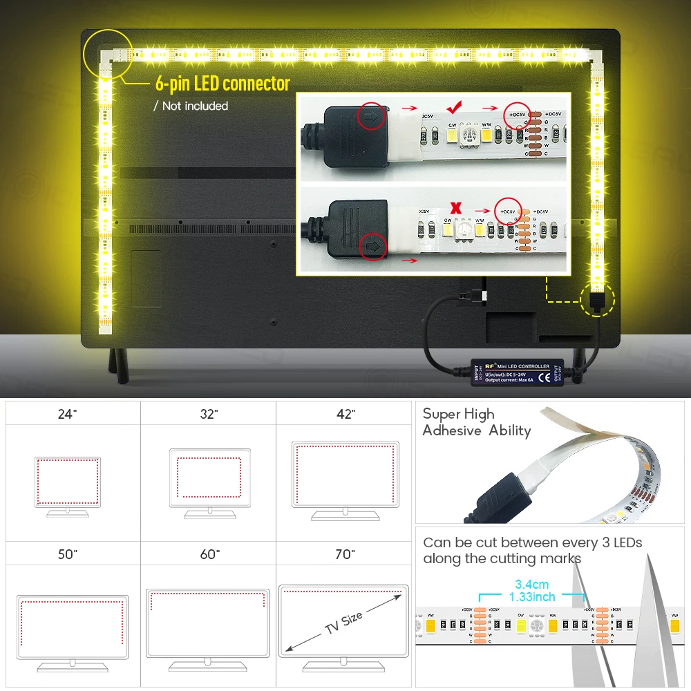 Светодиодный светильник для телевизора с дистанционным управлением и USB мини-управлением, комплект 2 м RGB+ теплый белый+ холодный белый 12 В, изменяющий цвет, светильник окружающей среды