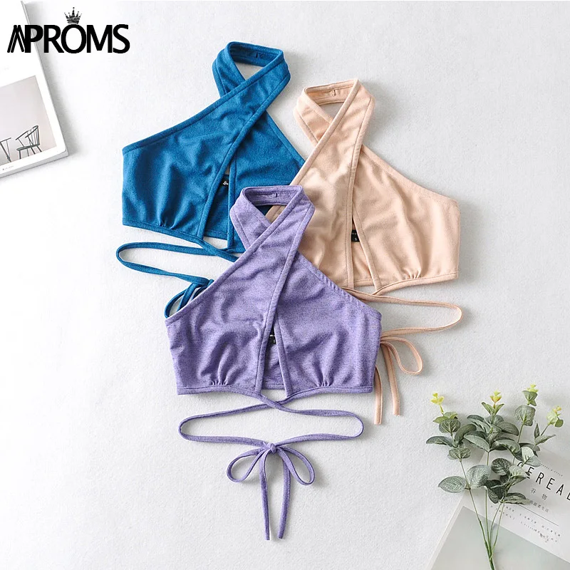 

Aproms Elegant Solid Color Basic Knitted Tank Top Women 2021 Summer Sexy Bow Tie Camis Cool Girls Streetwear Fashion Crop Top