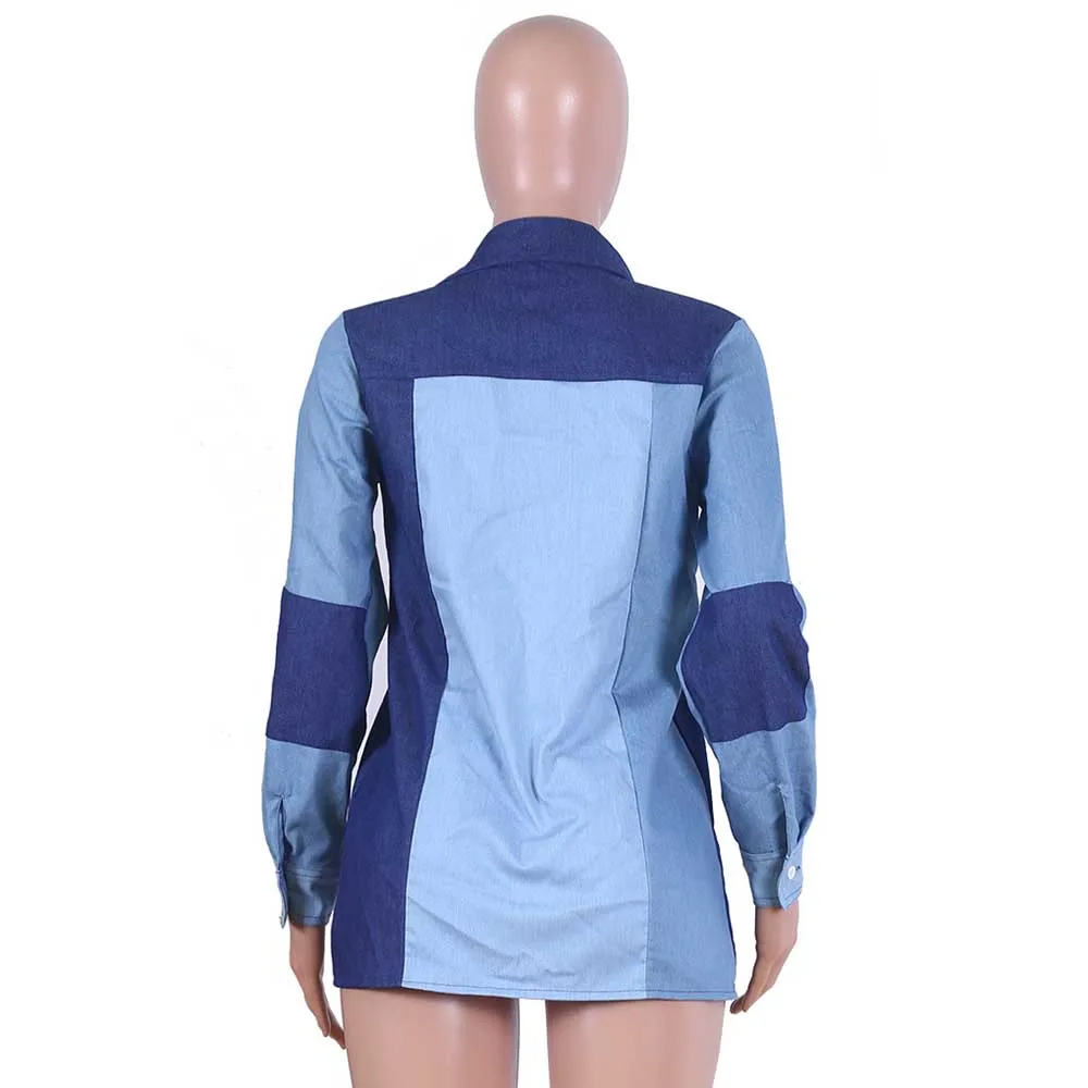 

Women Denim Blouse Plus Size 2XL Vintage Women Tops Patchwork Autumn Long Sleeve Blouses Ladies Fashion Casual Jeans Shirts Fall