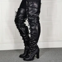 stylish women thigh high buckle strap boots chunkyh heels shoes woman over knee boots faux leather plus size 44 47 50 52